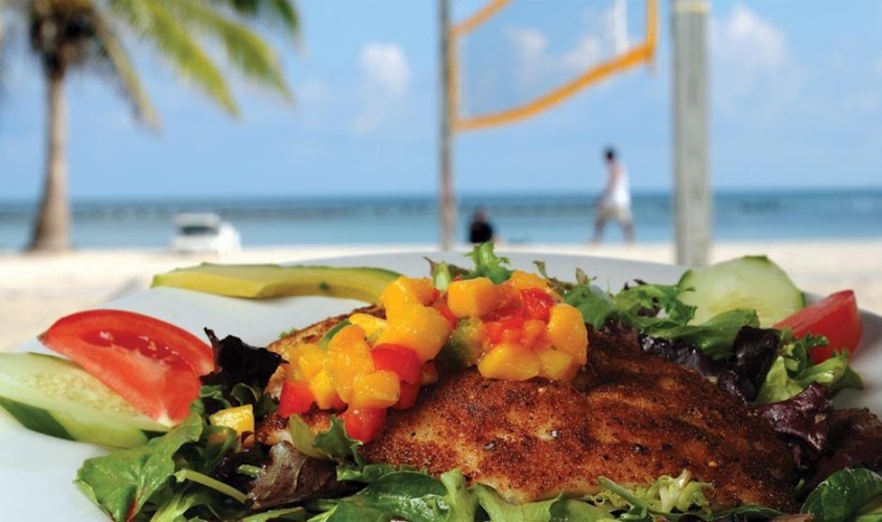 Colourful salad with tropical beach views